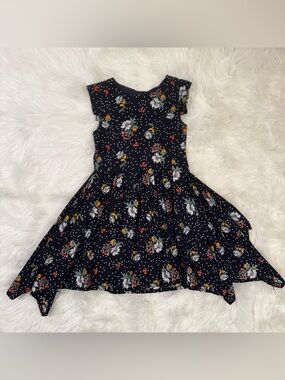 Girls Navy Floral Fit-and-Flare Dress Handkerchief Hem Dress
